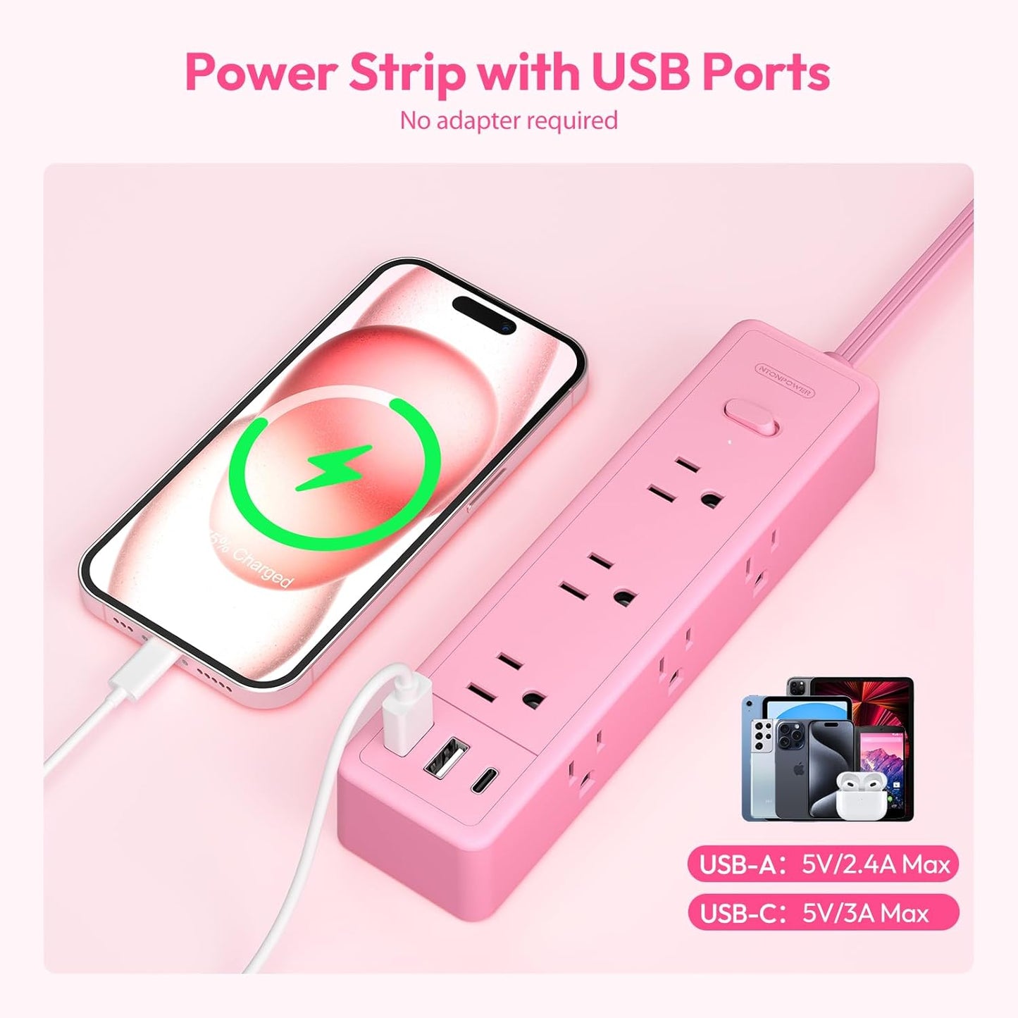 Pink Power Strip, NTONPOWER Power Strip Flat Extension Cord 15FT, 9 Outlets 3 USB Ports(1 USB C), Wall Mount, 1080J, Multiple Outlets for Home, Dorm, Vanity Desk, Nightstand,Women
