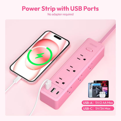 Pink Power Strip, NTONPOWER Power Strip Flat Extension Cord 15FT, 9 Outlets 3 USB Ports(1 USB C), Wall Mount, 1080J, Multiple Outlets for Home, Dorm, Vanity Desk, Nightstand,Women