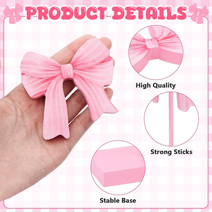 3 Pcs Small Bow Wooden Sign Tall Standing Block Coquette Room Decor Bow Centerpieces for Table Topper Girly Coquette Party Tiered Tray (Pink Bow)