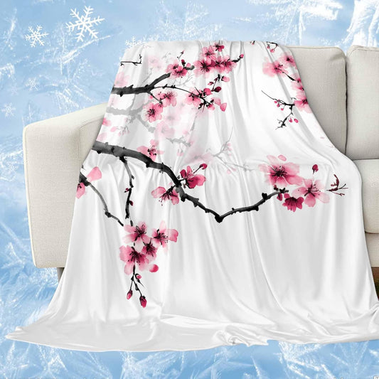 Pink Flowers Cooling Blanket, Lightweight Breathable Summer Throw Blanket with Double Sided Cold Effect, Watercolor Blossoms Florals Branches Picnic Beach Blankets Bed Sheet for Hot Sleepers 40"x60"