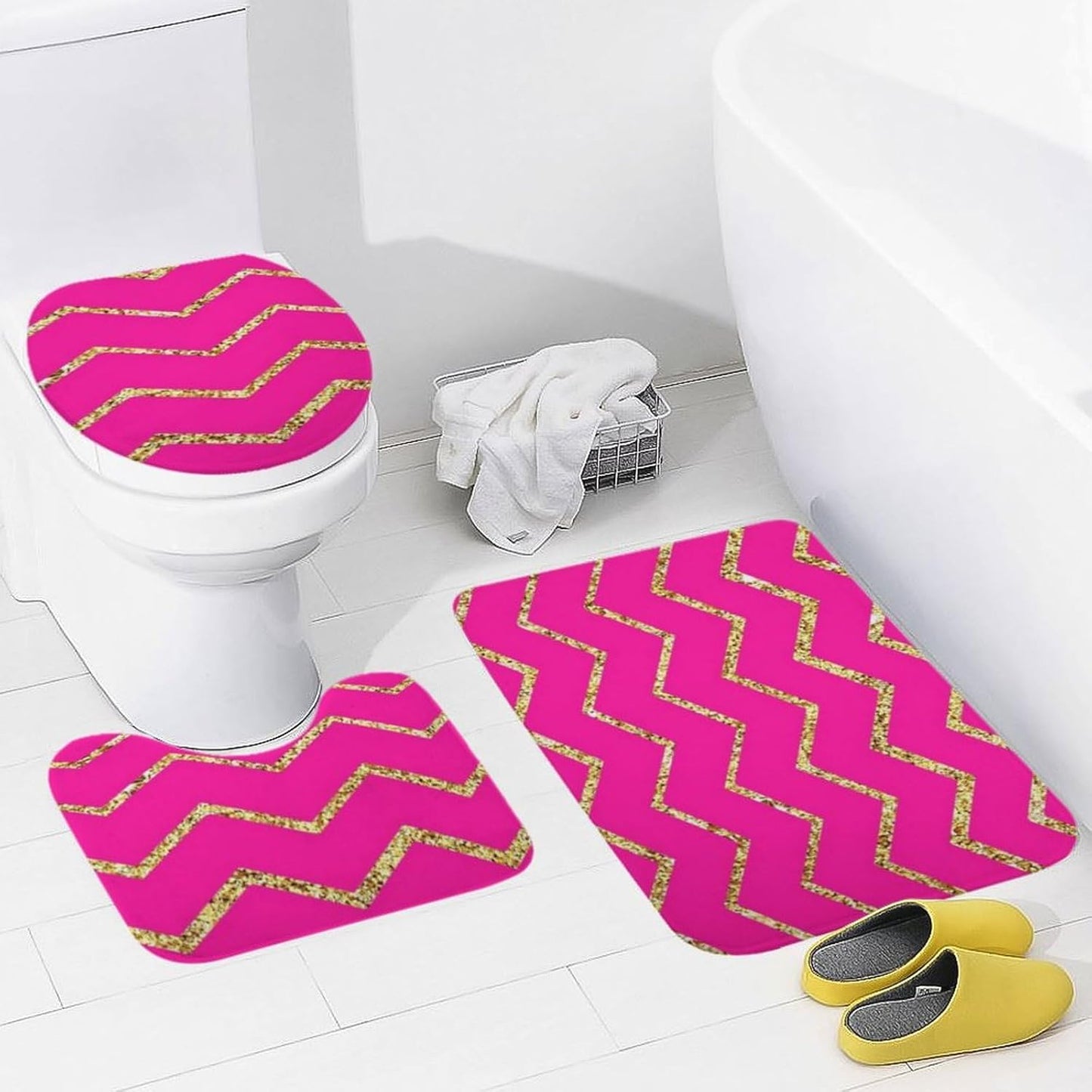 3 Pieces Bath Rug Set, Chevron Zig Zag Pink Gold Glitter Pattern Bathroom Mat Set Non Slip & Absorbent Bath Carpet, U Shaped Contour Rug & Toilet Lid Cover
