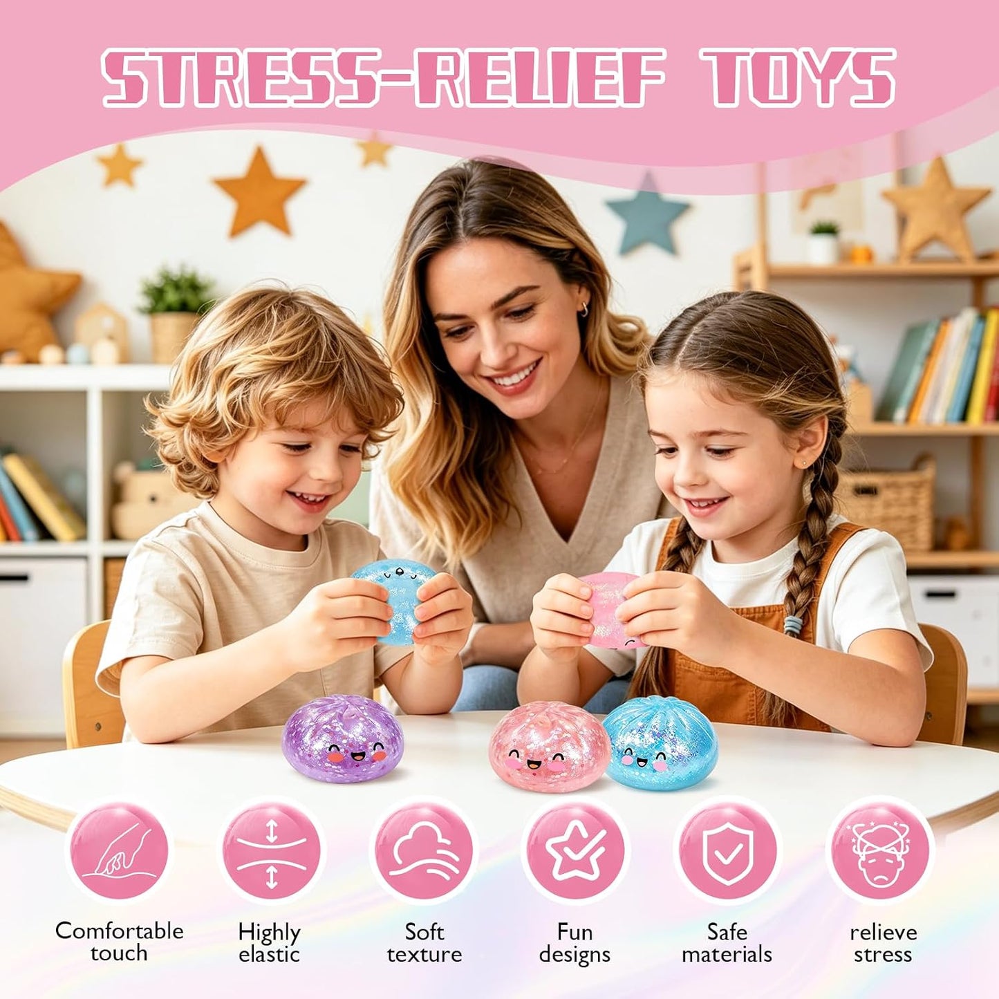 Glitter Dumpling Squishy Box Real Squishy Dumplings Squishies Fidget Toys Adults & Teens Large Adults Anxiety Relief Squeeze Toy for Boys Girls Easter Basket Stuffers (Pink)