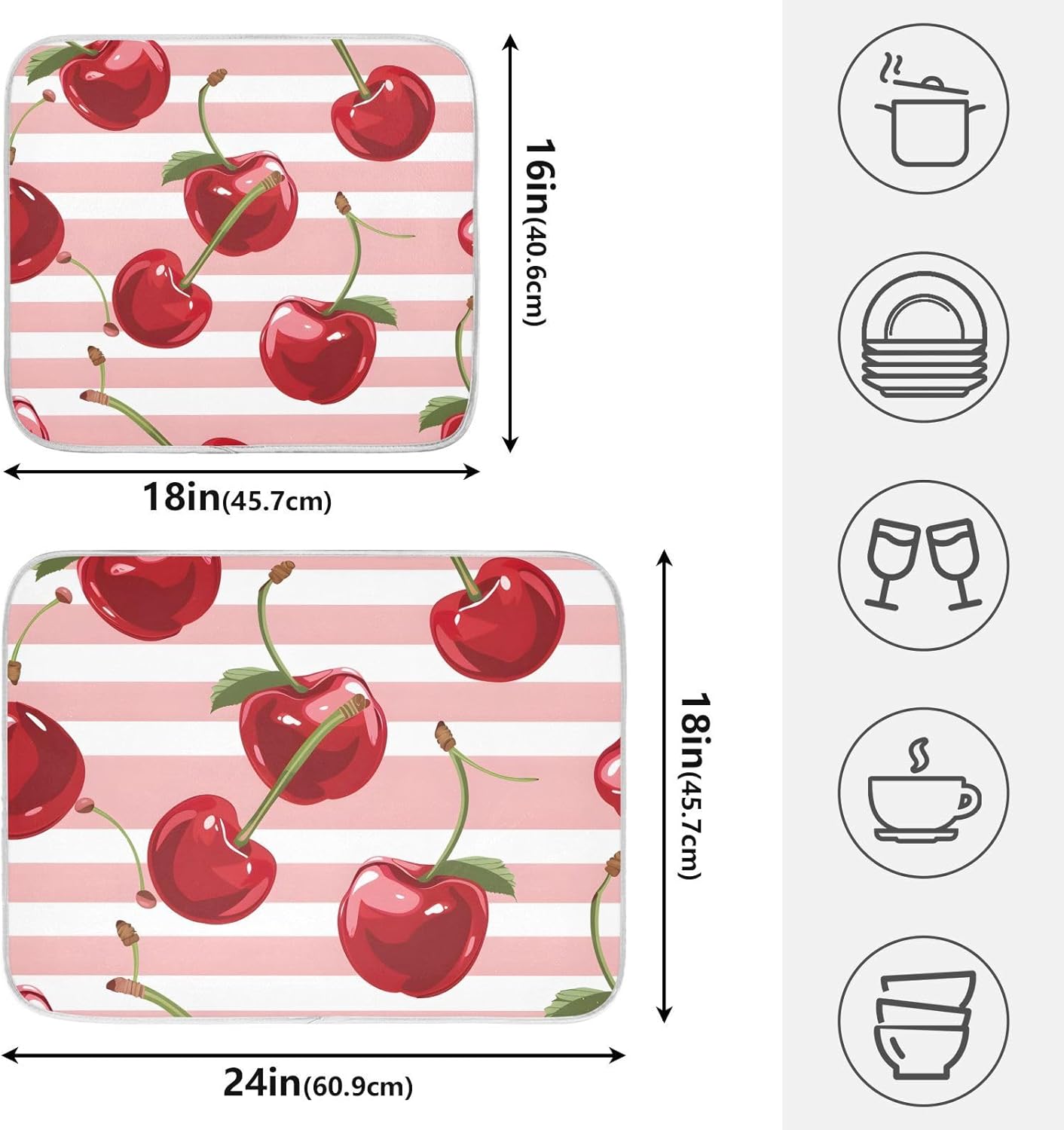 Pink Striped with Cherries Dish Drying Mat Dishes Pad Absorbent Fast Dry Dish Drainer Mat Protector for Kitchen Counter 18x14 Inches
