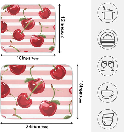 Pink Striped with Cherries Dish Drying Mat Dishes Pad Absorbent Fast Dry Dish Drainer Mat Protector for Kitchen Counter 18x14 Inches