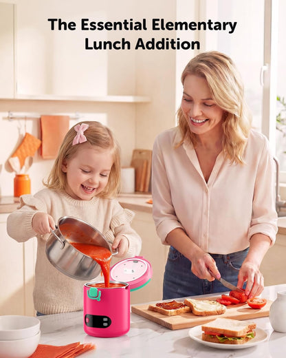 EAST OAK Heated Lunch Box for Kids, 13oz Cordless Electric Lunch Box with Temp Settings & Timer, Portable Food Warmer, 304 Insulated Food Container & Jar, BPA-Free for Early School(Pink)