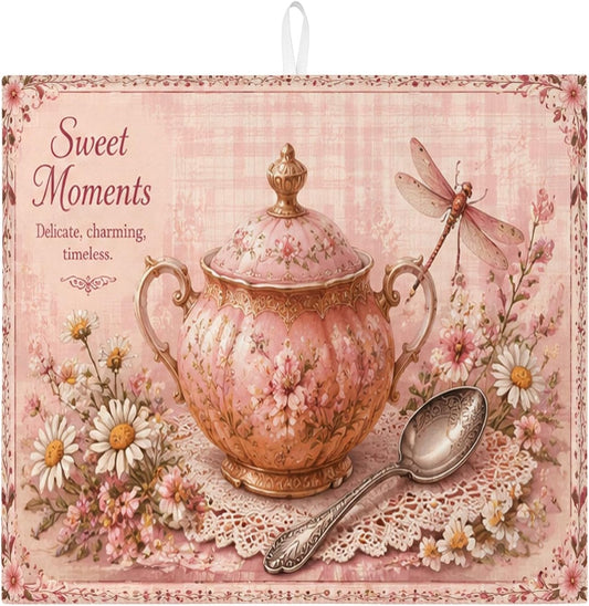 Floral Dish Drying Mats for Kitchen Counter, Peach Flower Absorbent Dish Drainer Mat, Charming Vintage Microfiber Drying Pad for Coffee Bar Protector 16x18 Inch