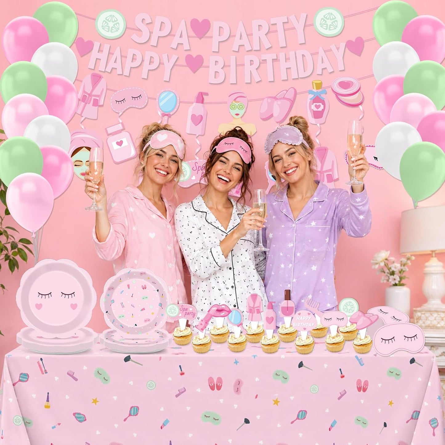 Pink Spa Party Decorations Sleepover Birthday Plates Tableware Tablecloth Set Makeup Banners Balloons Spa Theme Cake Toppers Hanging Swirls for Girls Women Slumber Pajama Party Supplies
