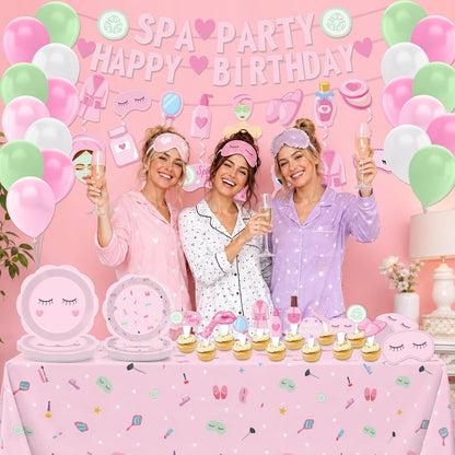 Pink Spa Party Decorations Sleepover Birthday Plates Tableware Tablecloth Set Makeup Banners Balloons Spa Theme Cake Toppers Hanging Swirls for Girls Women Slumber Pajama Party Supplies