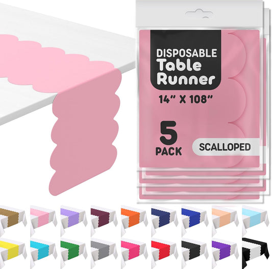 Light Pink Plastic Disposable Table Runner. 5 Pack 14 x 108 inch. Scallop Table Runner Adds A Pop of Color to Your Party Table, by Swanoo
