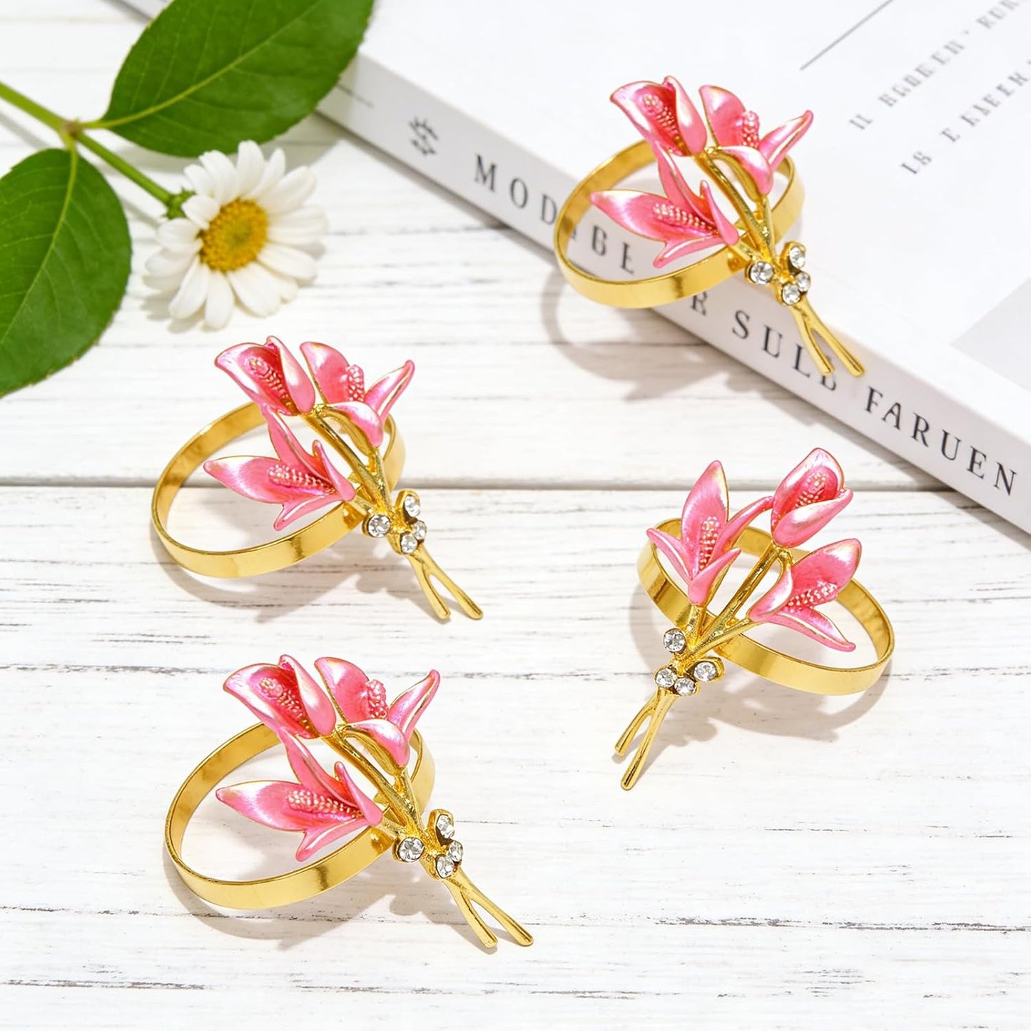 Lily Napkin Rings Set of 6 Pink Enamel & Rhinsetone Flower Napkin Holder for Spring Party Garden Wedding Dining Decor,Elegant Floral Napkin Rings for Rustic Farmhouse Daily Table Setting