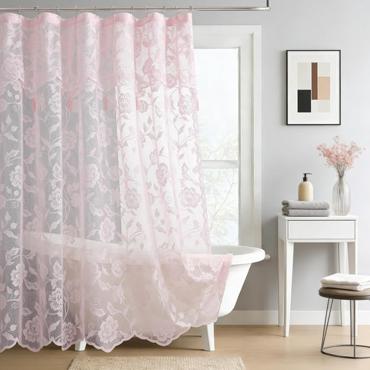 Pink Lace Shower Curtain with Tassels,Luxury Floral Sheer Romantic Bath Curtains for The Bathroom,72" W x 78" H