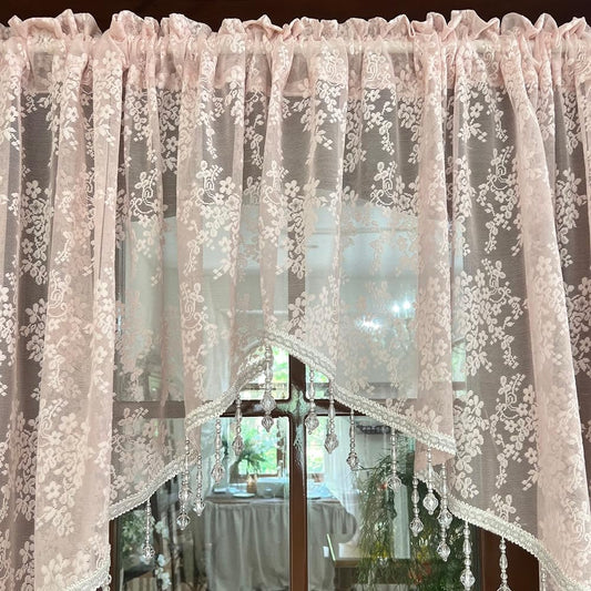 Vintage Pink Floral Lace Swag Valance with Crystal Beads | Rod Pocket Light Filtering Scalloped Arch Window Curtain Allover Floral Valance for Girls Bedroom Wedding Valentine's Decor