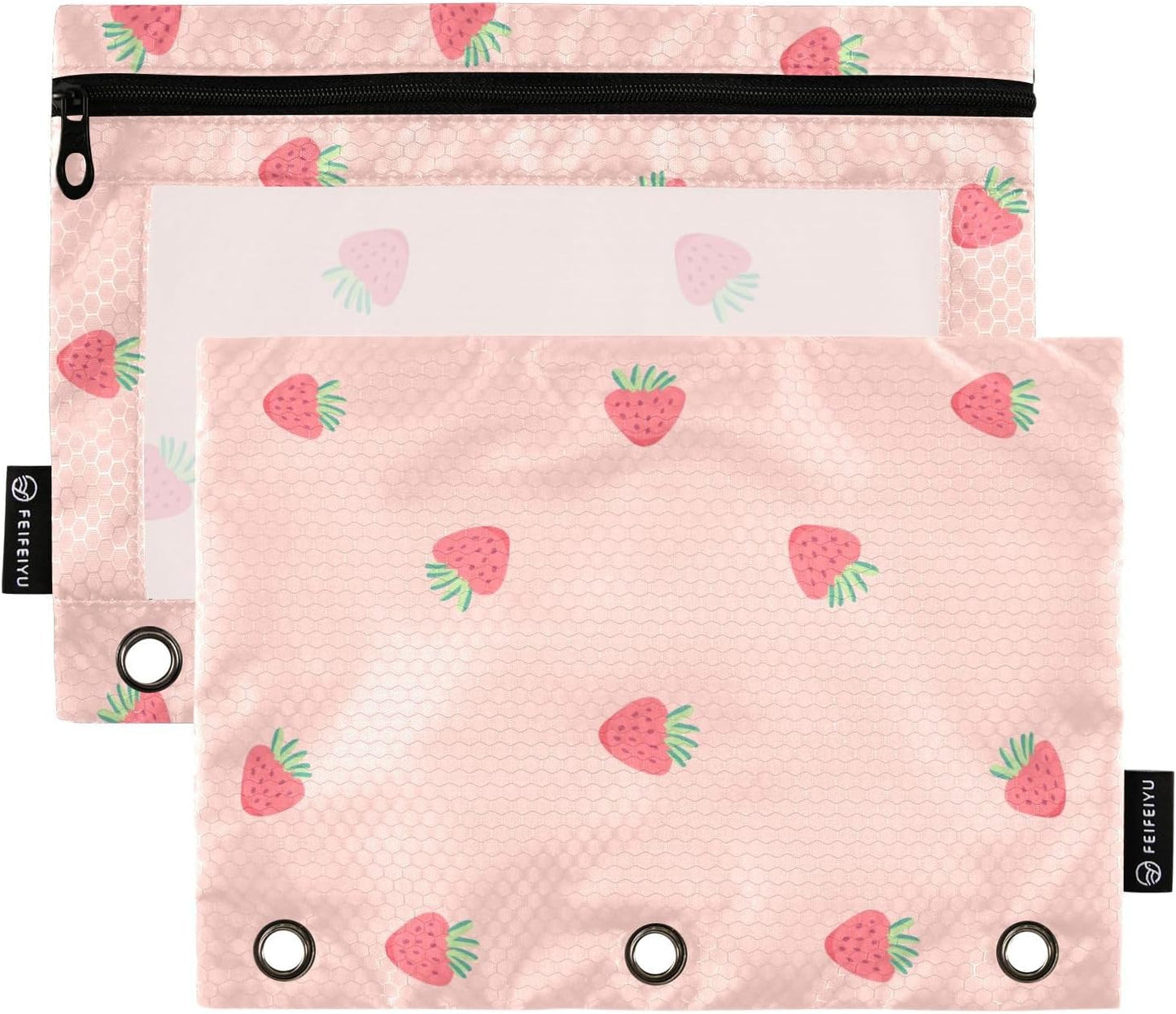 Fustylead Pink Strawberry Pencil Pouch Fits Standard 3-Ring Binders, Zipper Binder Pencil Bag with Clear Window for Office School Class Students 2 Pack