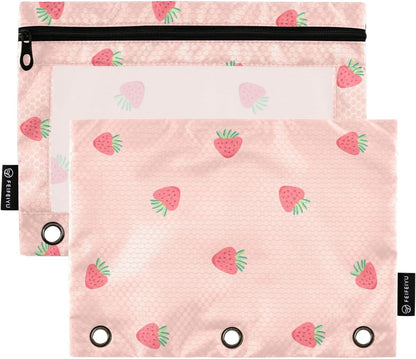 Fustylead Pink Strawberry Pencil Pouch Fits Standard 3-Ring Binders, Zipper Binder Pencil Bag with Clear Window for Office School Class Students 2 Pack