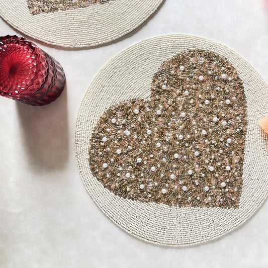 Enliven Handmade Valentine's Day Special Beaded Placemat, Peach Gold Heart Shape, Round Mat (Set of 6) (14 inch)