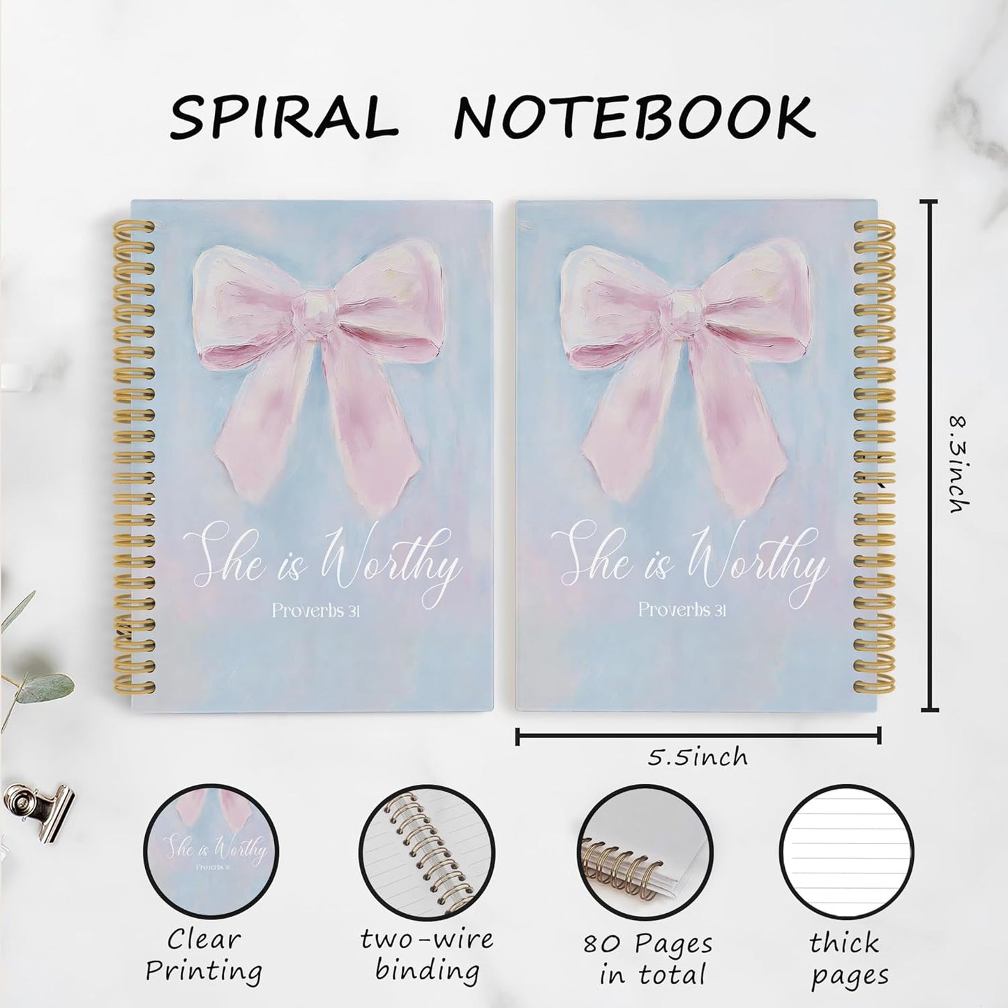 YLZlhb Pink Coquette Bow Christian Spiral Notebook Journal, Pastel Preppy Bible Notebooks for Note Taking, Christian Gifts for Women, She Is Worthy Religious Hardcover Spiral Journal 5.5x8.3 Inches