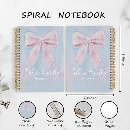 YLZlhb Pink Coquette Bow Christian Spiral Notebook Journal, Pastel Preppy Bible Notebooks for Note Taking, Christian Gifts for Women, She Is Worthy Religious Hardcover Spiral Journal 5.5x8.3 Inches