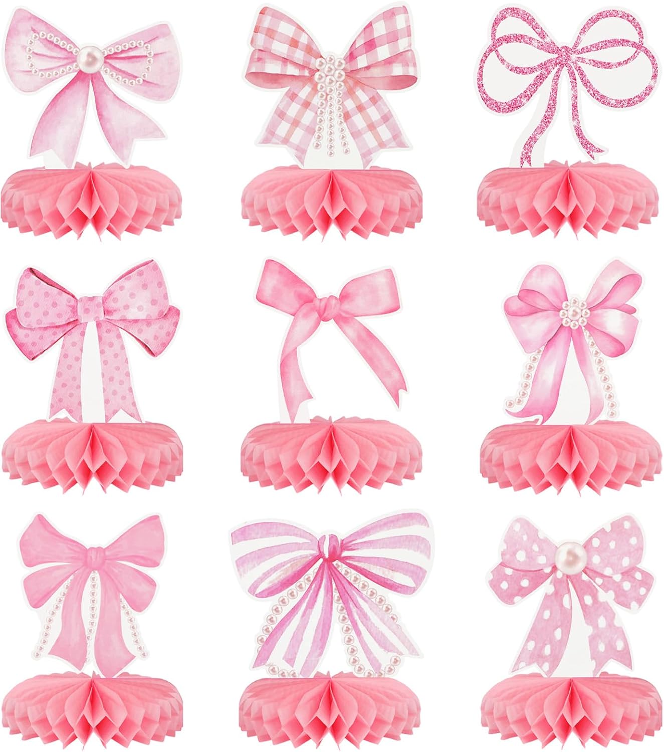 9Pcs Pink Bow Party Honeycomb Centerpieces Decorations, 3D Coquette Birthday Decorations, Pink Bow Table Decor for Birthday Bachelorette Bridal Party