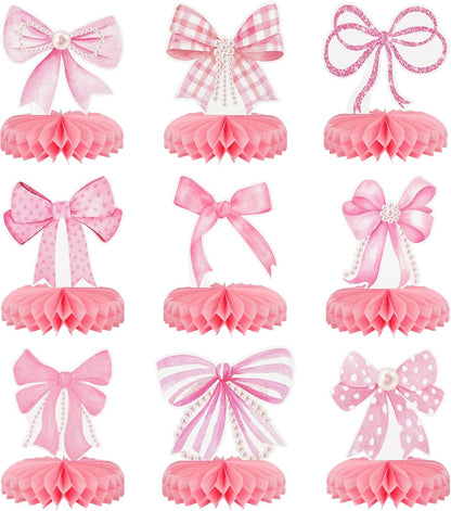 9Pcs Pink Bow Party Honeycomb Centerpieces Decorations, 3D Coquette Birthday Decorations, Pink Bow Table Decor for Birthday Bachelorette Bridal Party