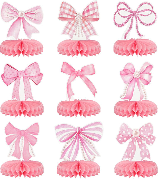 9Pcs Pink Bow Party Honeycomb Centerpieces Decorations, 3D Coquette Birthday Decorations, Pink Bow Table Decor for Birthday Bachelorette Bridal Party