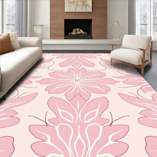 Flatwoven High Traffic Area Rug 5x7, Abstract Petal Swirl with Contemporary Pastel Tones, Non Slip, Stain Resistant, Washable Area Rugs for Living Room, Bedroom (Pink, 5x7)