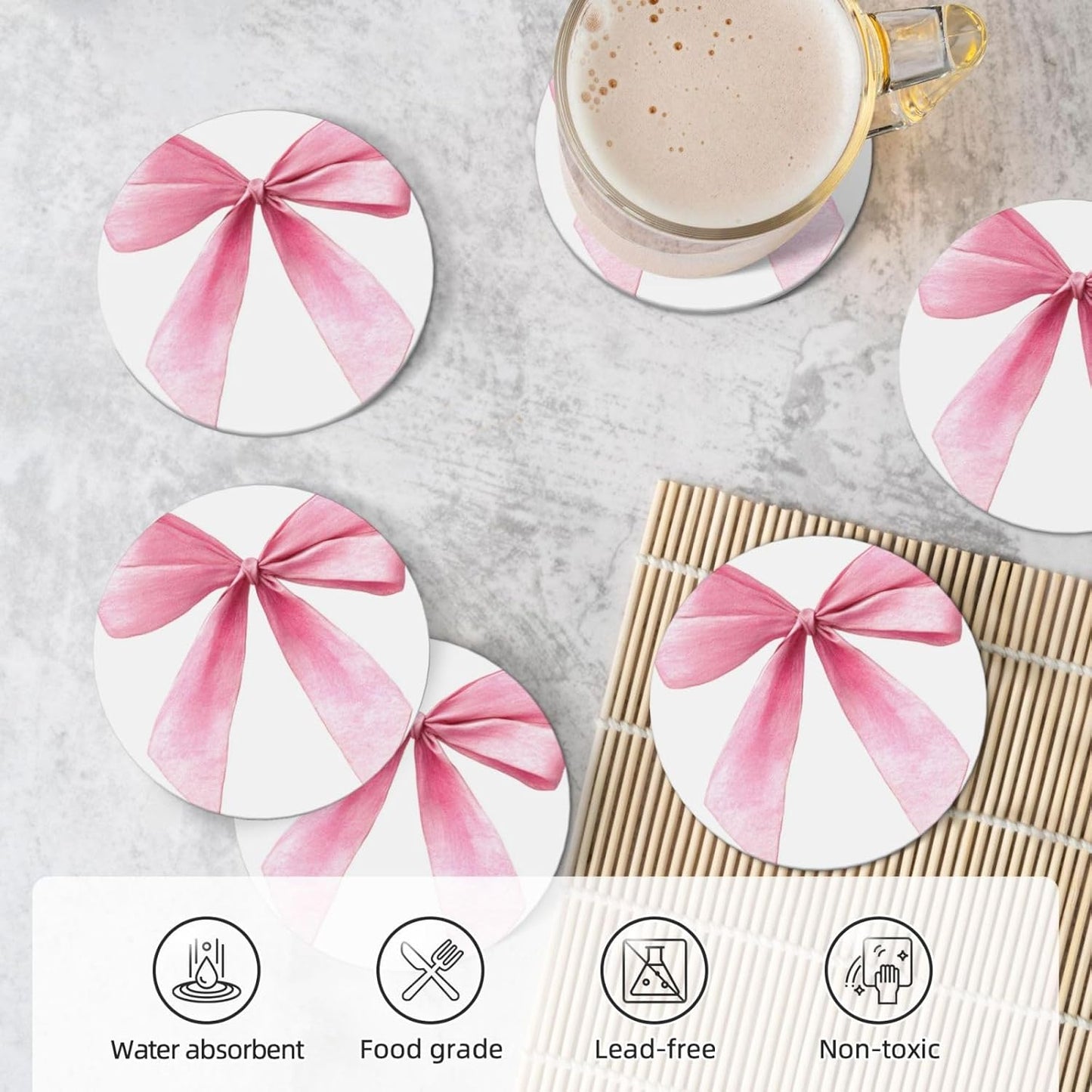 Watercolor Light Pink Coquette Bow Ceramic Coasters with Holder Set of 6 Coffee Cup Drink Coasters