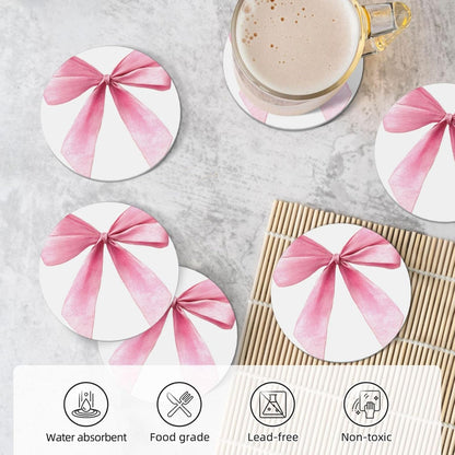 Watercolor Light Pink Coquette Bow Ceramic Coasters with Holder Set of 6 Coffee Cup Drink Coasters