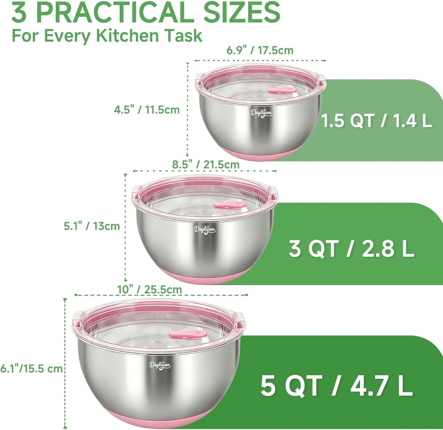 Mixing Bowls with Airtight Lids, Stainless Steel Nesting Bowl Set with Clear Lids & Valve, 3 Essential Sizes (1.5/3/5 QT), Measurement Marks, Non-Slip Silicone Base, Food Prep & Fridge Storage, Pink