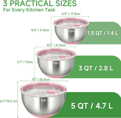 Mixing Bowls with Airtight Lids, Stainless Steel Nesting Bowl Set with Clear Lids & Valve, 3 Essential Sizes (1.5/3/5 QT), Measurement Marks, Non-Slip Silicone Base, Food Prep & Fridge Storage, Pink