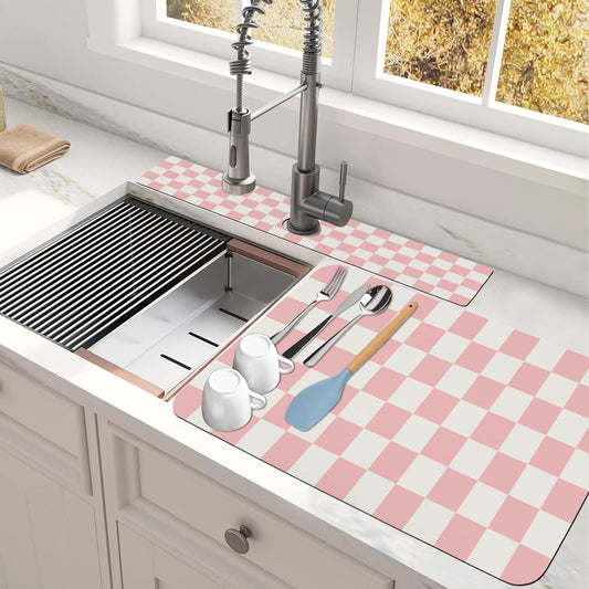 2PCS 23.5" x 15.5" Dish Drying Mat & 24" x 5.5" Sink Splash Guard, Ultra Absorbent & Cuttable Pink Checked Dish Mat Drying Kitchen Mat with Non-slip Rubber Backed, Drying Matt Kitchen Counter