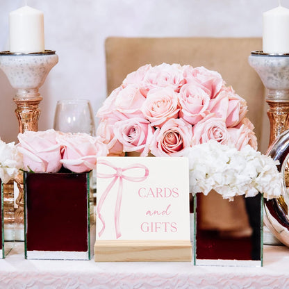 Coquette Pink Bow Cards and Gifts Sign, Gift Table Sign Wood Plaque, Bridal Shower Signs for Ceremony and Reception Wooden Plaque with Wood Stand for Wedding Reception Decorations, 4x4 Inch