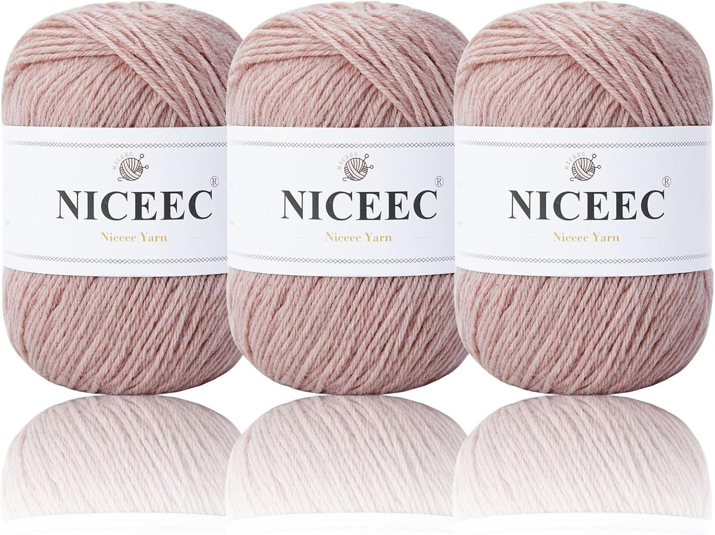 NICEEC 3 Skeins Soft Merino Wool Yarn - Soft & Warm, Finger Weight, Woolen Yarn for Crochet & Knitting, Total 5.3oz/606yds - Pale Pink