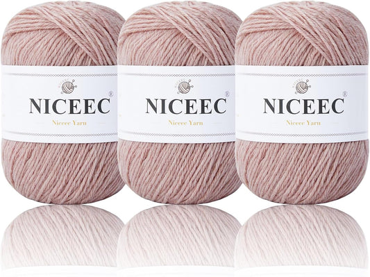 NICEEC 3 Skeins Soft Merino Wool Yarn - Soft & Warm, Finger Weight, Woolen Yarn for Crochet & Knitting, Total 5.3oz/606yds - Pale Pink