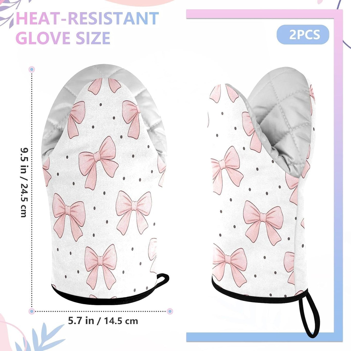 Bows Light Pink Non-Slip Oven Mitts Set Heat Resistant Kitchen Gloves with Quilted Liner Cotton Machine Washable with Hanging Loop for Baking Grilling BBQ