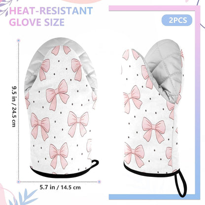 Bows Light Pink Non-Slip Oven Mitts Set Heat Resistant Kitchen Gloves with Quilted Liner Cotton Machine Washable with Hanging Loop for Baking Grilling BBQ
