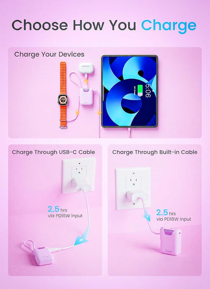 M1 Mini Portable Charger, 10000mAh Ultra-Compact Power Bank, 22.5W PD Fast Charging, Tpye-C Built-in Cable, Small External Battery Pack for iPhone, Samsung, Android iPad (Pink)