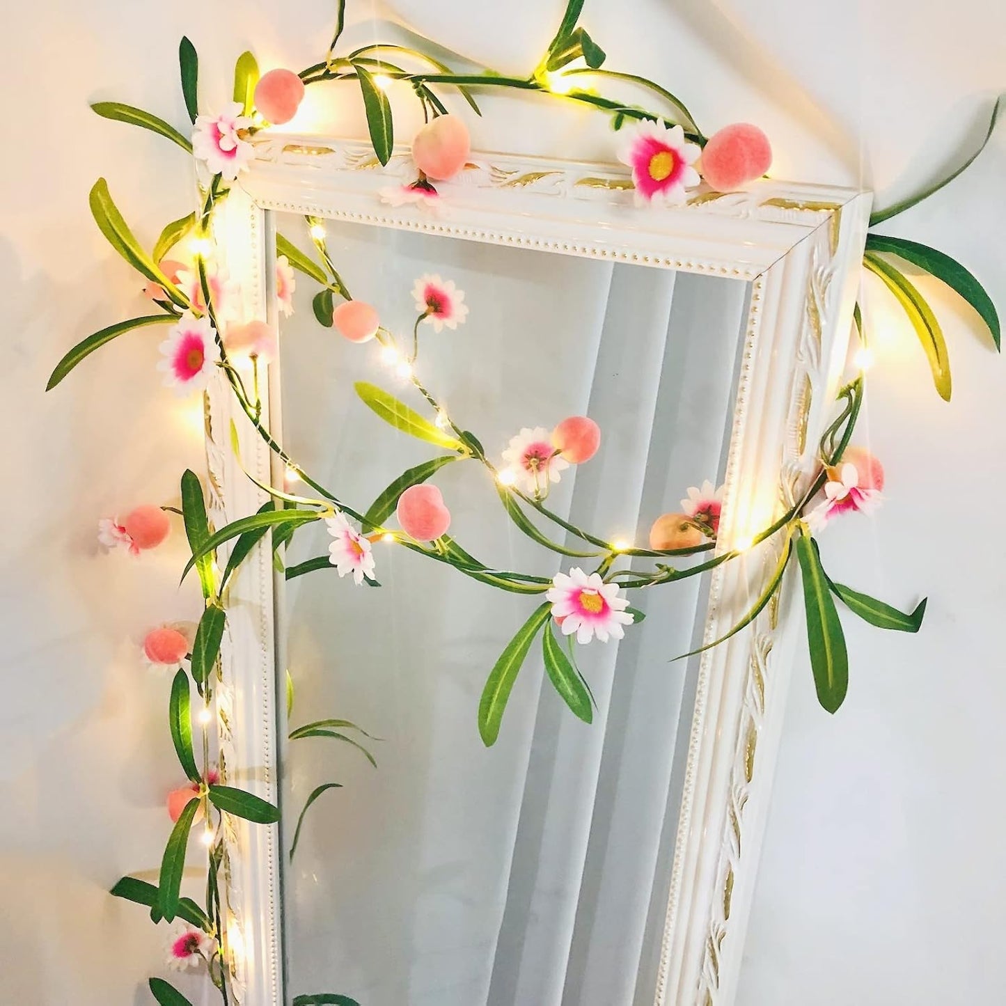 Simulation Peach String Lights Hanging Vine Plant Peach Garland Artificial Fruit Peach Pink Flower Fairy Light Battery Powered for Home Garden Wedding Party Decor (2 Pack, Pink Peach)