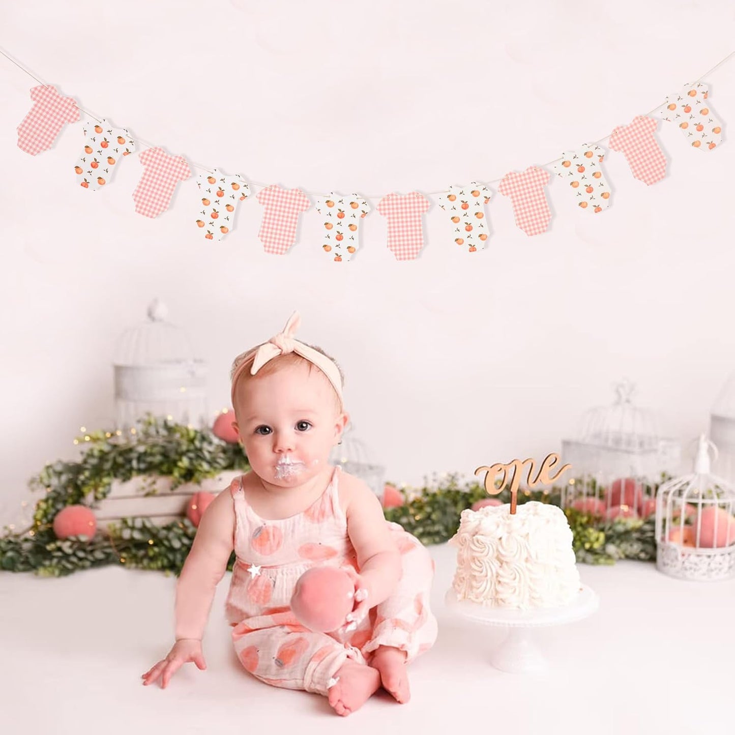 Peach Baby Shower Bodysuit Banner - Peach Party Birthday Decor,Girl Fruit Baby Shower Banner,Pink Gingham Party garland(peach)
