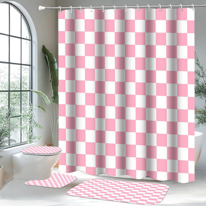 4 PCS Checkered Shower Curtain Sets Fun Gingham Bathroom Sets Soft Non Slip Bath Rugs Toilet Cover U-Shaped Mat Retro Bright Waterproof Shower Curtains with 12 Hooks for Tub Toilet, Pink