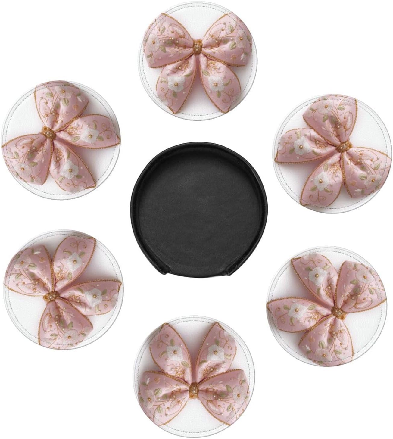 Light Pastel Pink Bow Balloon Embroidered Floral Premium Leather Coasters, Set of 6 with Holder, Stylish Beverage Coasters for Kitchen Coffee Bar