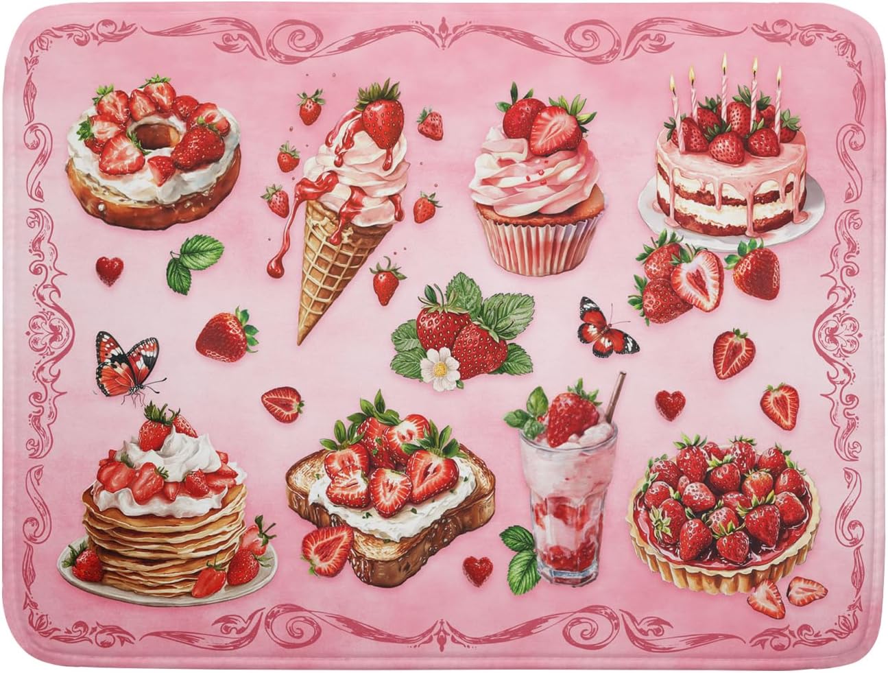 Strawberry Dish Drying Rack Mat Pink Absorbent Microfiber Dish Drying Mat for Kitchen Counter 18x24 In