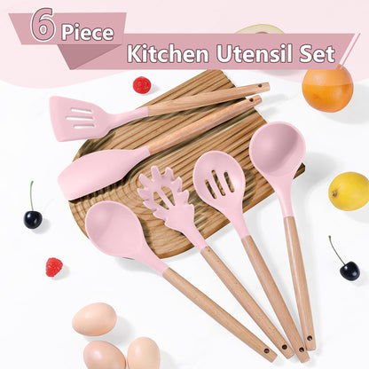 P&P CHEF Cooking Utensils Set, 6 PCS Kitchen Utensils with Wooden Handle, Silicone Spatula for Nonstick Cookware, Easy Clean & Non-toxic, Pink