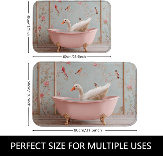 Vintage Floral Quick Dry Bath Mat, Peach Bathtub Duck Pattern Absorbent Non Slip Shower Mat, Spring Decorative Washable Bath Rugs for Bathroom Toilet Restroom 20x32 Inch
