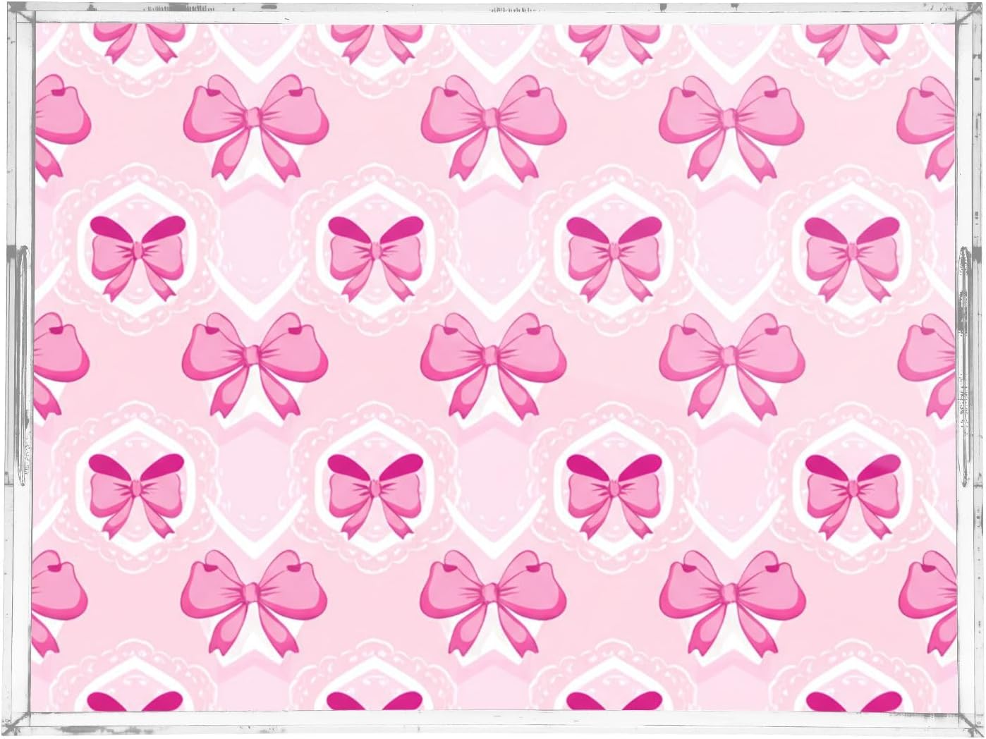 Light Pink Bows Serving Tray, Decorative Ottoman Trays with Handles for Breakfast, Coffee Table, Dining Room, Party - 16" x 12"