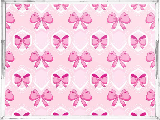 Light Pink Bows Serving Tray, Decorative Ottoman Trays with Handles for Breakfast, Coffee Table, Dining Room, Party - 16" x 12"