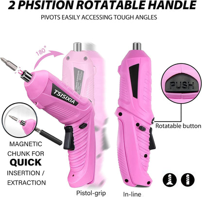 Electric Cordless Screwdriver with Offset Driving Shaft, 4.2V Automatic Rechargeable Screw Driver with 47PCS Bits, Battery Powered Automatic Screw Gun with LED Light & Carry Case Pink Screwdriver Set
