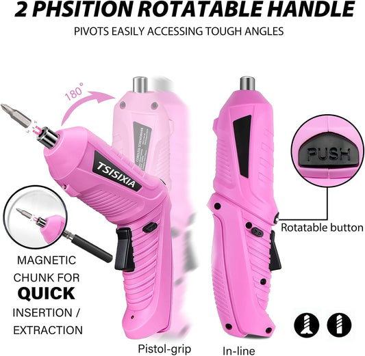 Electric Cordless Screwdriver with Offset Driving Shaft, 4.2V Automatic Rechargeable Screw Driver with 47PCS Bits, Battery Powered Automatic Screw Gun with LED Light & Carry Case Pink Screwdriver Set
