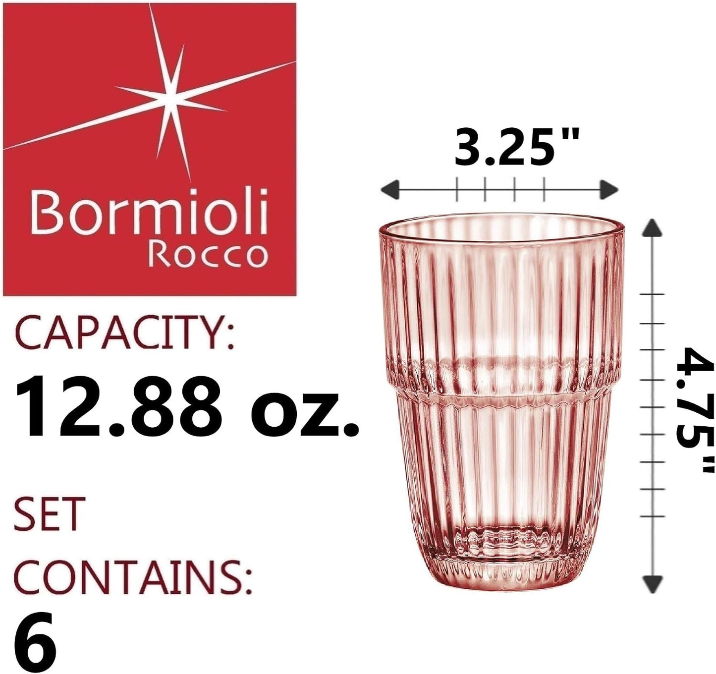 Bormioli Rocco Barshine 12.88 oz. Long Drink Stackable Tempered Drinking Glasses, Set of 6, Peach