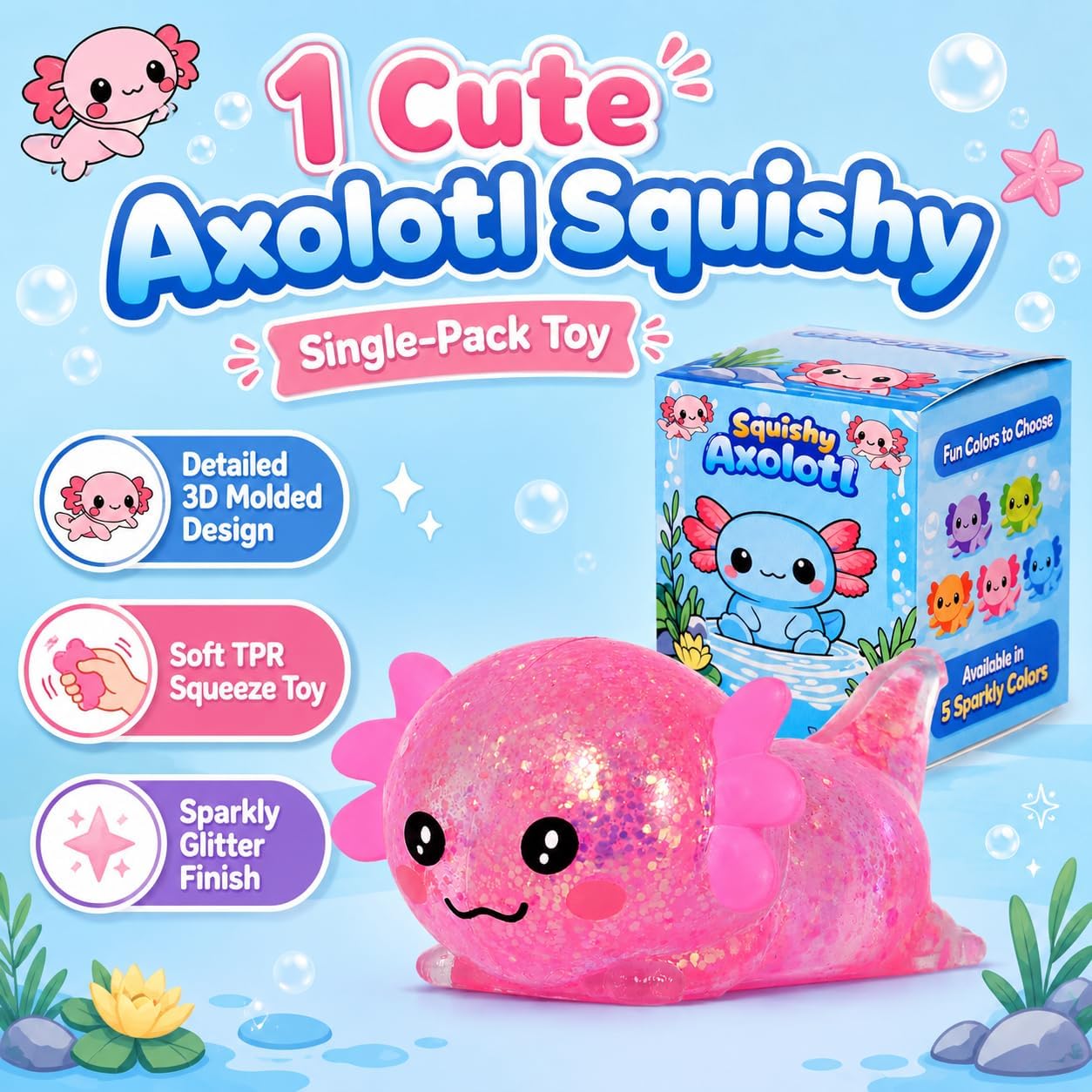 Axolotl Squishy Stress Ball, Soft TPR Slow Rising Squeeze Toy, Cute Axolotl Fidget Toy for Stress Relief, Anxiety Calming Sensory Toy for Kids Adults(Pink Lie Axolotl)