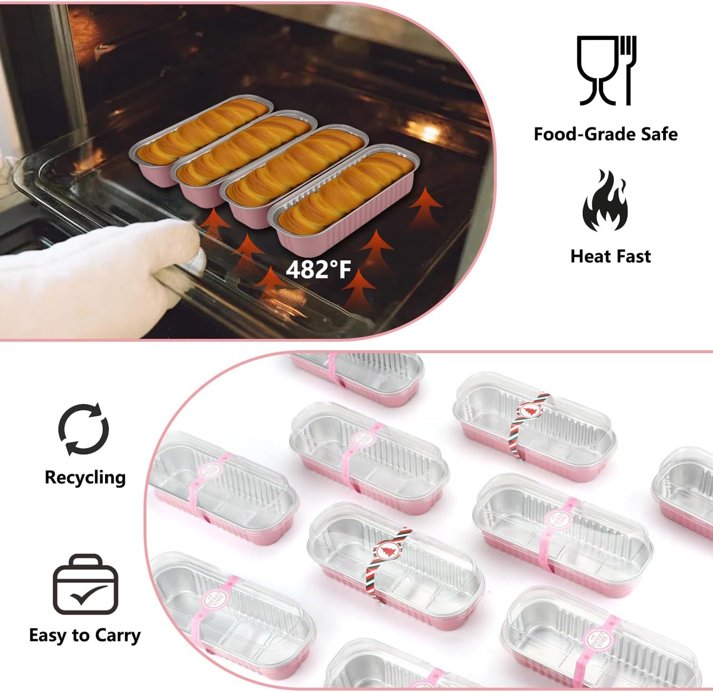 Mini Loaf Pans With Lids and Spoons, 100 PCS 6.8oz Mini Cake Pans for Baking, Aluminum Foil Loaf Pans, Small Aluminum Cake Tins, Cake Pans with Clear Lids,Sporks，Stickers(Pink)